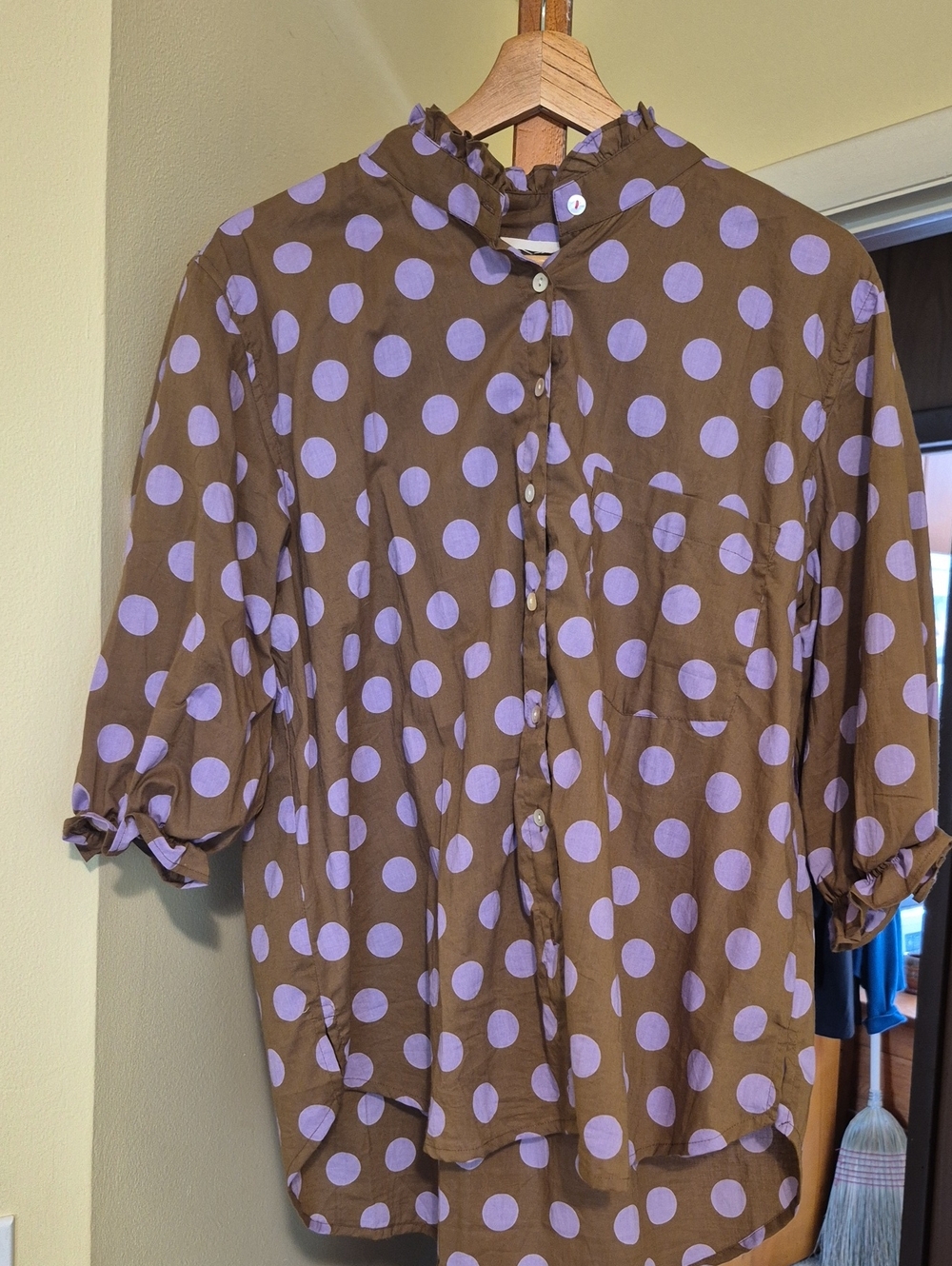 Very Cute Organic Cotton Shirt. Brown And Pink Women's Ruffle Neck/sleeve Shirt.
